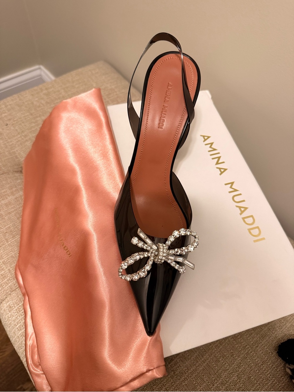 Amina Muaddi Black Patent Slingback Pump with Crystal Bow - Picture 3 of 6